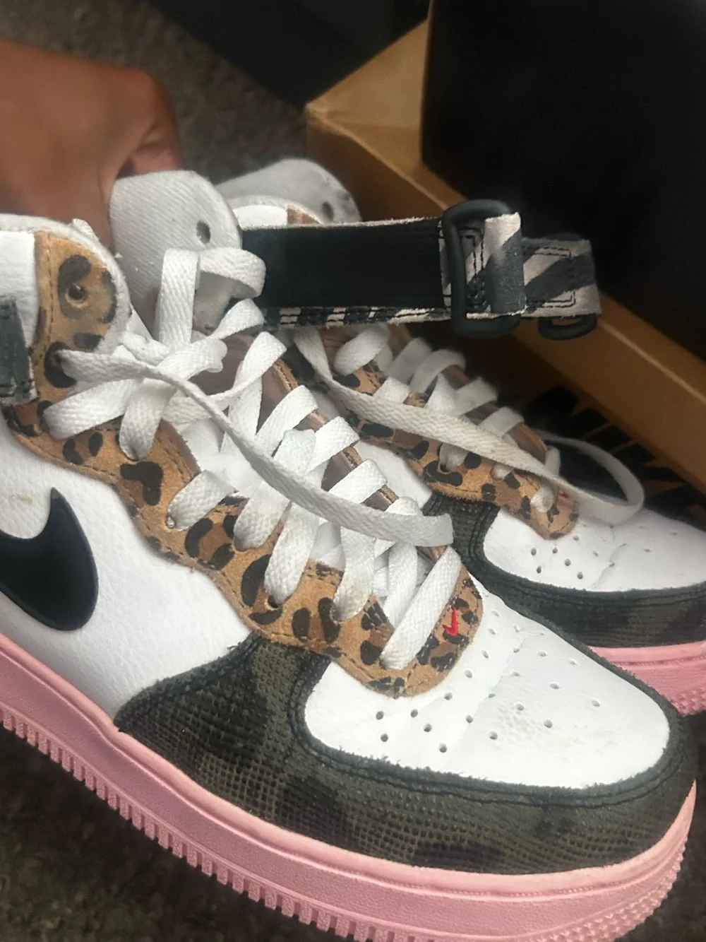 Nike Low-Top Sneaker — White, Black, Pink with Animal Print Accents
